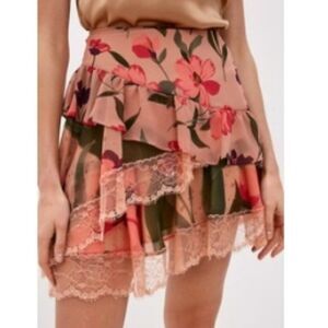 Twin-Set Floral Ruffle Skirt with Lace Trim and Ruffled Layers in Peach Fabric